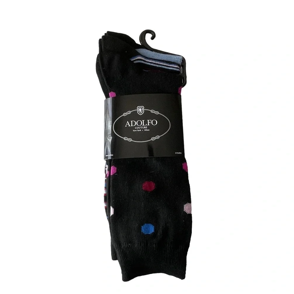 Men's ADOLFO Couture Dress Socks Black with Dots Stripes 3-Pair Pack Size 10-13